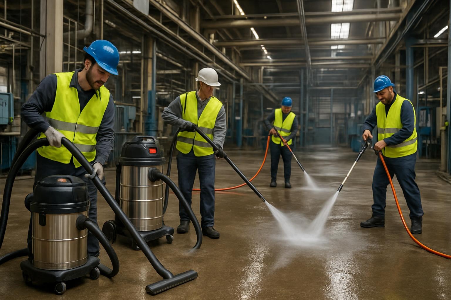 workers using industrial vacuums and pressure washers inside a factory.